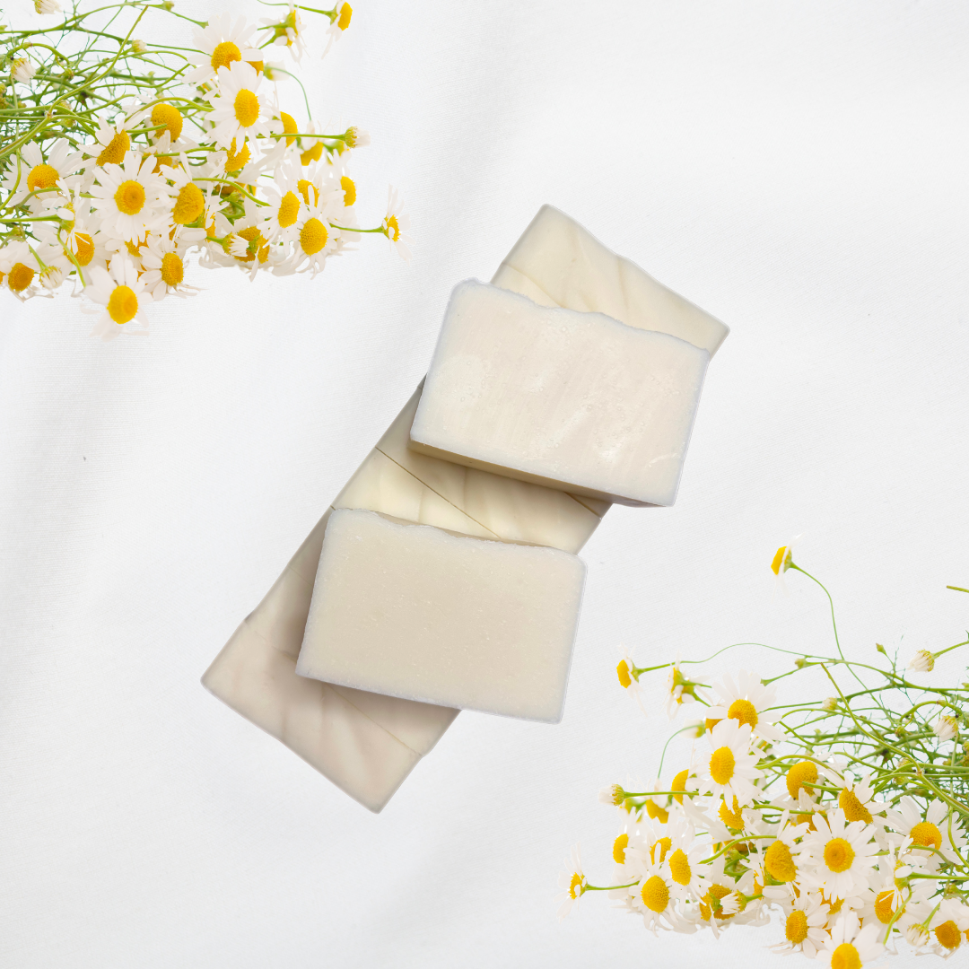 Two bars of tallow soap on top of a loaf of soap with a white background and daisy flowers on the sides