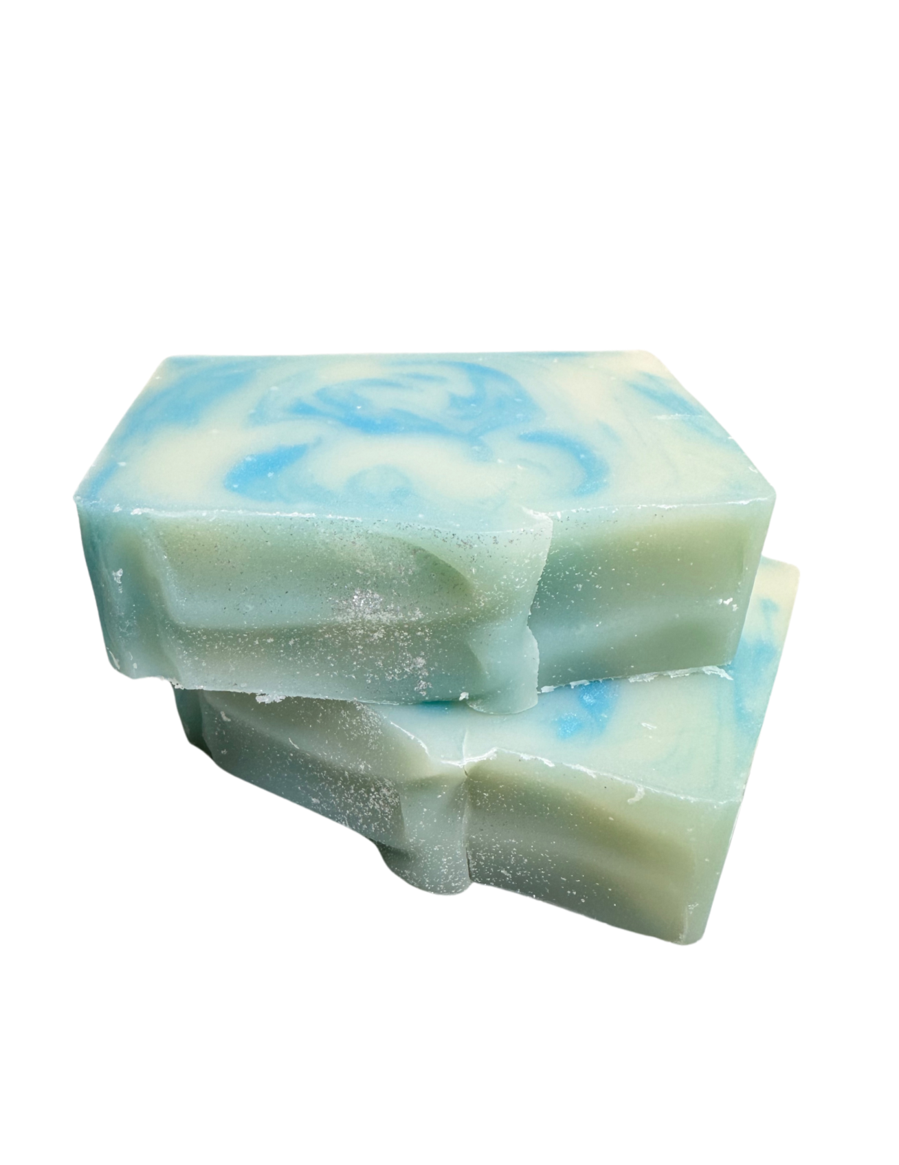 two blue swirl bar soap stacked with textured top