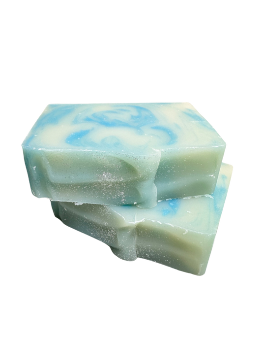 two blue swirl bar soap stacked with textured top